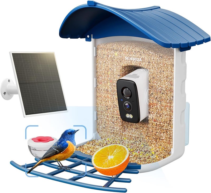 SEHMUA Bird Feeder with Camera, Solar Powered, AI Identify 10,000+ Species, Smart Bird Feeder with Live View, Ideal Present, 2.4GHz WiFi, Blue - Image 1